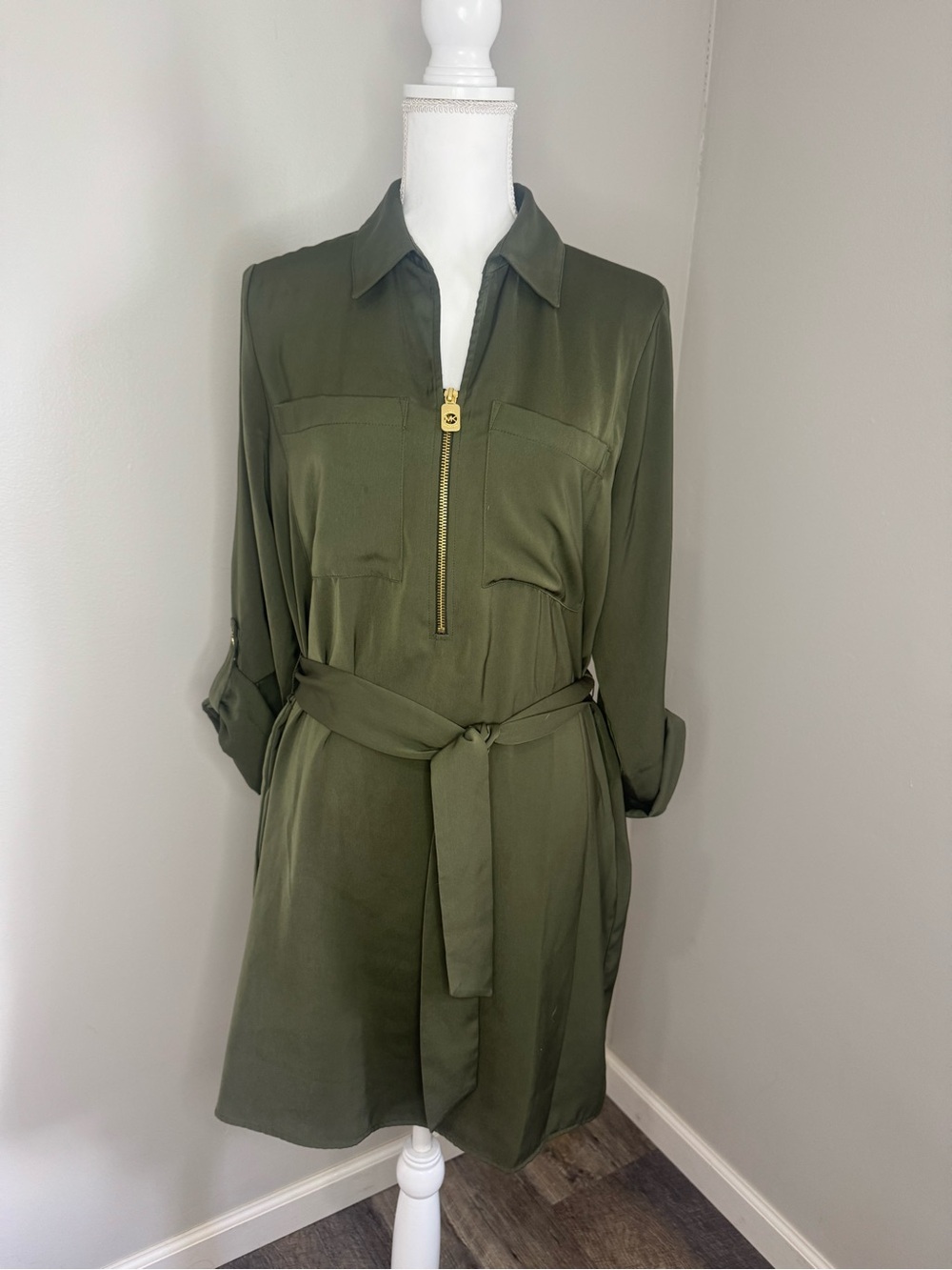 Michael Kors Olive Green Zip-Front Shirt Dress